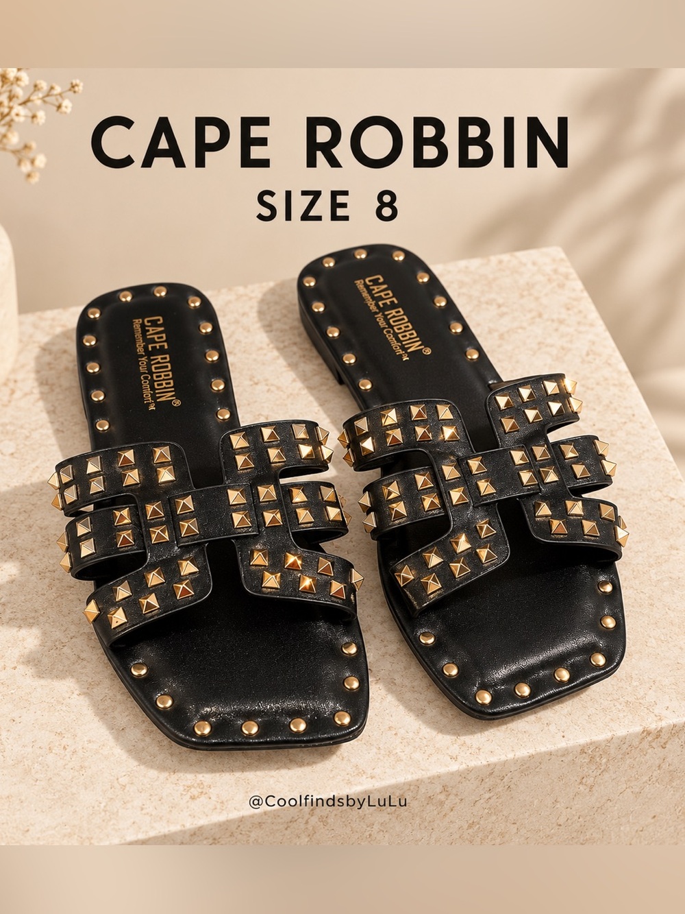 NWOT Cape Robbin Black with Gold Studded Slide Sandals size 8